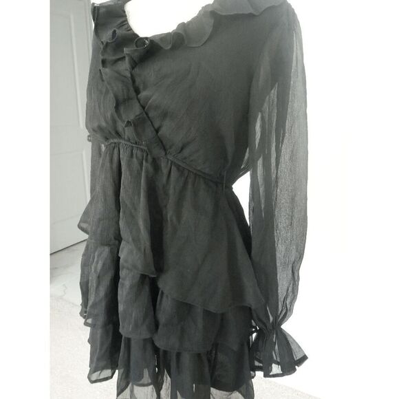 NWT By the River Women's Black Asymmetrical Tiered Surplice A-Line Dress S - Picture 3 of 10